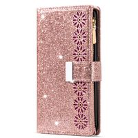 iPhone 13 Pro Max hoesje - Bookcase - Koord - Pasjeshouder - Portemonnee - Glitter - Bloemenpatroon - Kunstleer - Rose Goud - thumbnail