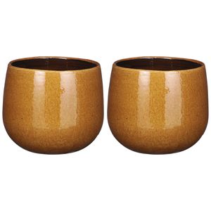 2x Stuks Plantenpot/bloempot keramiek okergeel speels licht gevlekt patroon - D18/H16 cm