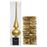 Kerstversiering glazen piek mat 26 cm en folieslingers pakket goud van 3x stuks - thumbnail