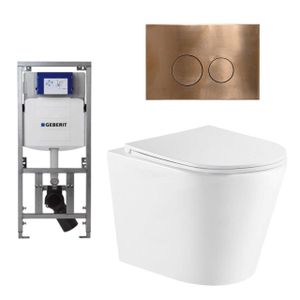 QeramiQ Dely Toiletset - 36.3x51.7cm - diepspoel - rimless - Geberit UP320 inbouwreservoir - softclose toiletzitting - koperen bedieningsplaat - ronde knoppen - mat wit SW543432/0701131/SW706196