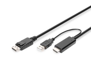 Digitus AK-330111-020-S HDMI-kabel DisplayPort / HDMI Aansluitkabel DisplayPort-bus, HDMI-A-stekker, USB-A stekker 2 m Zwart 4K UHD, Afgeschermd (dubbel),