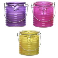 Citronella windlicht met kaars - 3x - paars/roze en geel - 20 branduren - citrusgeur