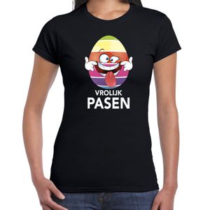 Pasen shirt zwart met vrolijk paasei die tong uitsteekt voor dames