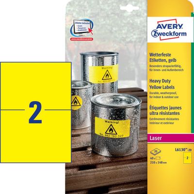 Avery-Zweckform L6130-20 Folie-etiketten 210 x 148 mm Polyester folie Geel 40 stuk(s) Permanent hechtend Laser (kleur), Laser (zwart/wit), Kopiëren (kleur),