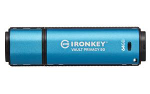 Kingston IronKey Vault Privacy 50 Series USB-stick Retail 64 GB Zwart/blauw IKVP50/64GB USB 3.2 Gen 1 (USB 3.0)