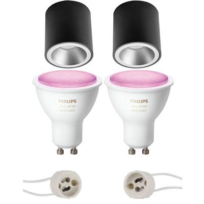 Pragmi Cliron Pro - Opbouw Rond - Mat Zwart/Zilver - Verdiept - Ø90mm - Philips Hue - Opbouwspot Set GU10 - White and Color Ambiance - Bluetooth