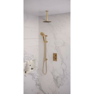 Regendoucheset Inbouw Brauer Gold Edition Thermostatisch 20 cm met 3-Weg Omstelling, Plafondarm, Glijstang en Handdouche 3-Standen Geborsteld Goud