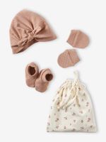 Set muts + wanten + slofjes + babytas voor babymeisjes cappuccino