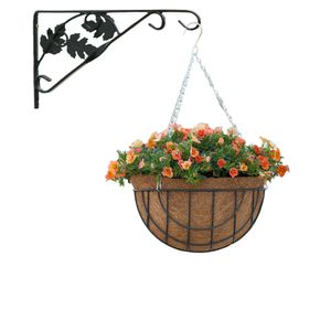 Hanging basket met muurhaak sierblad groen en kokos inlegvel - metaal - complete hanging basket set