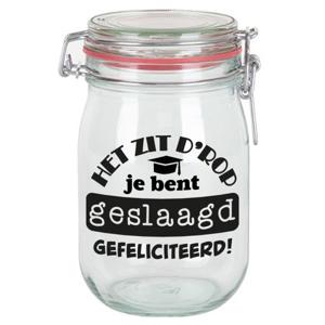 Bellatio Decorations Cadeau voorraadpot/snoeppot - geslaagd - glas - 11 x 11 cm - 1L - afgestudeerd   -