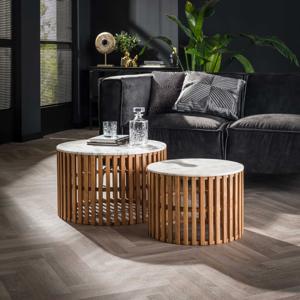 LifestyleFurn Salontafel Pervis Set van 2 stuks, Marmer en mangohout - Wit marmer - Rond