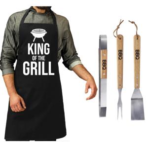 Luxe barbecue gereedschap set met houten handgrepen 3-delig RVS met zwart schort King of the grill