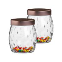 Voorraadpot/bewaarpot Beau - 2x - 1L - glas - koperen deksel - D13 x H13 cm