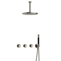 Hotbath Cobber X complete thermostatische douche inbouwset cobberx 70 met 2 stopkranen met plafondbuis 15 cm en m106, geborsteld nikkel