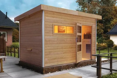 Karibu | Skrollan 2 Buitensauna | Moderne Deur | Biokachel 9 kW Externe Bediening Karibu | Skrollan 2 Buitensauna | Moderne Deur | Biokachel 9 kW Externe Bediening