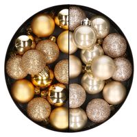 28x stuks kleine kunststof kerstballen champagne en goud 3 cm - thumbnail