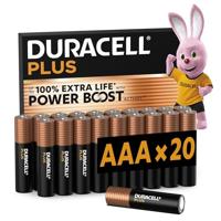 Duracell Plus AAA-batterijen, 20 Stuks, Alkalinebatterijen 1,5V, Tot 100% Extra Levensduur met Power Boost-ingrediënten, Betrouwbaarheid voor Dagelijkse Apparaten, 0% Plastic Verpakking, LR03 MN2400