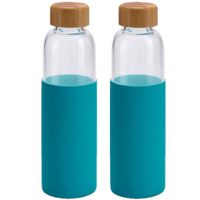 2x Stuks glazen waterfles/drinkfles met turquoise blauwe siliconen bescherm hoes 600 ml