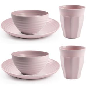 Camping Servies set - kunststof - roze - 8x borden/8x drinkbekers/8x kommetjes