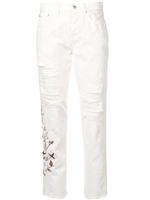 Off-White jean droit à effet usé et fleurs brodées - Blanc