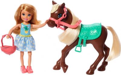 Barbie tienerpop Chelsea & Pony 15 cm bruin/blauw 4 delig Barbie tienerpop Chelsea & Pony 15 cm bruin/blauw 4 delig
