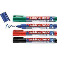 edding 360 whiteboardmarker set - zwart, rood, blauw, groen - 4 whiteboardstiften - ronde punt 1,5 - 3 mm - boardmarker uitwisbaar - voor whiteboard, flipchart, prikbord, memobord - navulbaar