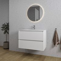 Adema Chaci Badkamermeubelset - 80x46x55cm - 1 keramische wasbak wit - zonder kraangaten - 2 lades - ronde spiegel met verlichting - mat wit SW718709/SW773926/SW108328 - thumbnail