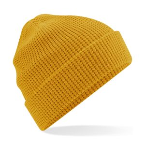 Heren Beanie Wintermuts wafelstructuur mosterd geel 100% katoen One size  -