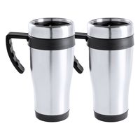 Warmhoudbeker/thermos isoleer koffiebeker/mok - 2x - RVS - zilver/zwart - 450 ml