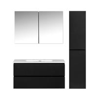 Badkamermeubel Set Callisto Diamond Hangend 100x50x48cm Mat Zwart MDF Softclose Greeploos Mineraalmarmer Wastafel Zonder Kraangat Overloop met Spiegelkast en Badkamerkast
