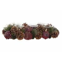 Kerststukje theelichthouder tafel ornament - roze/bruin - 38 x 15 x 9,5 cm - tafel ornament