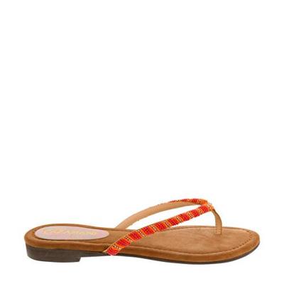 Lazamani leren teenslippers met kraaltjes rood Lazamani leren teenslippers met kraaltjes rood