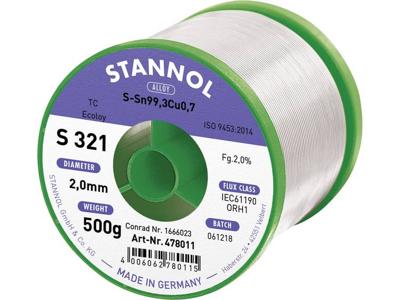 Stannol S321 2,0% 2,0MM SN99,3CU0,7CD 500G Soldeertin, loodvrij Loodvrij, Spoel Sn99,3Cu0,7 ORH1 500 g 2 mm