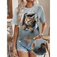 Dames T-shirt 3D cat Kat Afdrukken Dagelijks Weekend Modieus Korte mouw Ronde hals Grijs Zomer Lightinthebox