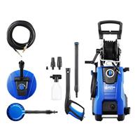 Nilfisk E 145 bar 145.4-9 X-TRA PAD hogedrukreiniger voor huishouden, buiten, autowas en tuinwerkzaamheden, inclusief terrasreinigingsset, 2100 W inductiemotor, 230 V (blauw)