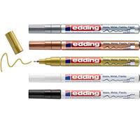edding 780 glanslakmarker - zwart, wit, goud, zilver, koper (metallic) - 5 verfstiften - extra fijne punt 0,8 mm - verfpen voor glas, stenen, hout, plastic, papier - waterproof, hoge dekking