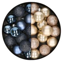 28x stuks kleine kunststof kerstballen donkerblauw en champagne 3 cm   -