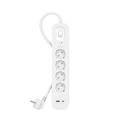 Belkin spanningsbeveiliger met 4 stopcontacten, monteerbare stekkerdoos, voedingskabel van 2 m, groen indicatielampje - USB-C-poort en USB-A-poort, snelladen met USB-C PD - beveiliging tot 525 joule