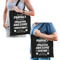 Freaking Awesome Brother en Sister tasje zwart - Cadeau Broer en Zus   -