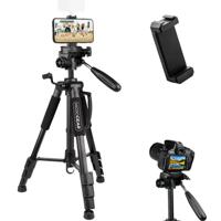 MOJOGEAR Smartphone en Camera Statief - tot 140 cm hoog - met telefoonhouder en draagtas - Tipod smartphone - Tripod camera - Zwart