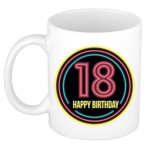 Bellatio Decorations Verjaardag mok / beker - happy birthday 18 jaar - neon - 300 ml