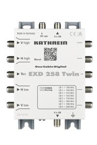 Kathrein EXD 258 Twin Satelliet multiswitch cascade unicable Ingangen (satelliet): 5 (4 satelliet / 1 terrestrisch) Aantal gebruikers: 16