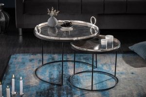 Set van 2 ronde salontafels ELEMENTS 65cm zilverzwart metalen bijzettafeltje - 40637