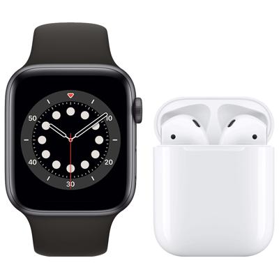 Apple Watch Series 6 44mm Space Gray Zwarte Sportband + Apple AirPods 2 met oplaadcase Apple Watch Series 6 44mm Space Gray Zwarte Sportband + Apple AirPods 2 met oplaadcase