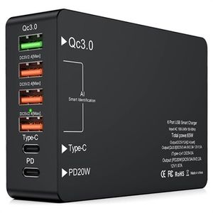 6-poorts snellader met USB-C PD & QC3.0 - 65W - zwart