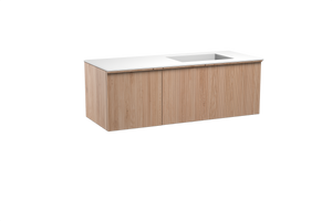 Balmani Forma zwevend badmeubel 135 x 55 cm naturel eiken met Tablo Stretto asymmetrisch rechtse wastafel in solid surface mat wit, Verticale symmetrische rechte ribbel