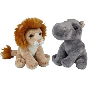 Safari dieren serie pluche knuffels 2x stuks - Nijlpaard en Leeuw van 15 cm