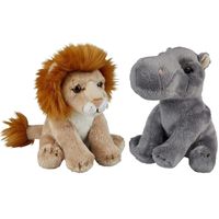 Safari dieren serie pluche knuffels 2x stuks - Nijlpaard en Leeuw van 15 cm - thumbnail