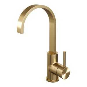 Wastafelmengkraan Brauer Gold Edition Coldstart Opbouw Hoog Plat Gebogen Ronde Hendel Geborsteld Goud PVD Brauer