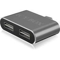 ICY BOX IB-Hub1201-C 2-voudige USB 2.0-hub (type-C stekker naar 2X Type-A bus), anti-verdraaiende USB-poorten, OTG-ondersteuning, aluminium, antraciet
